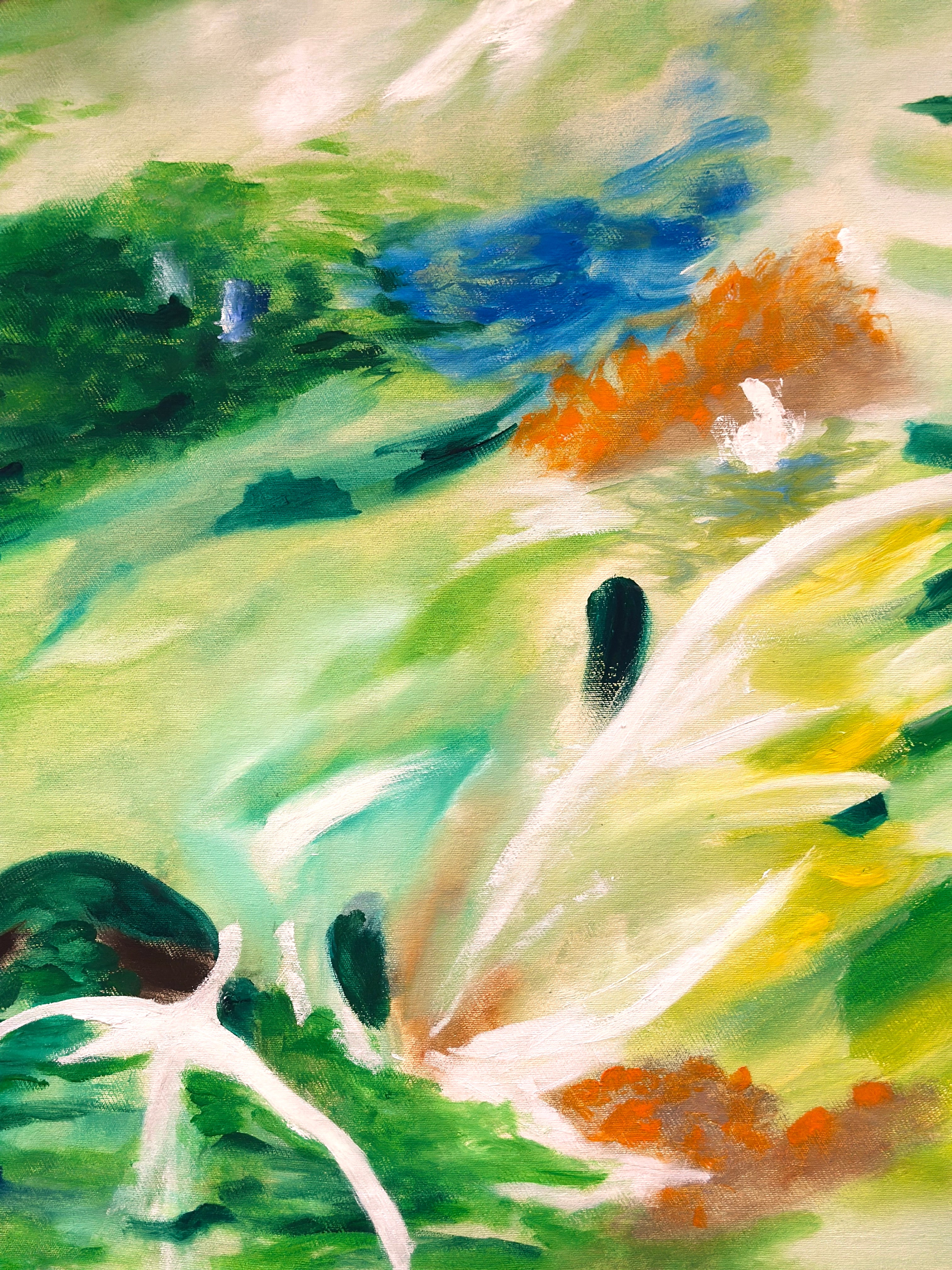 Abstract painting with green, blue, and orange colors on a white background