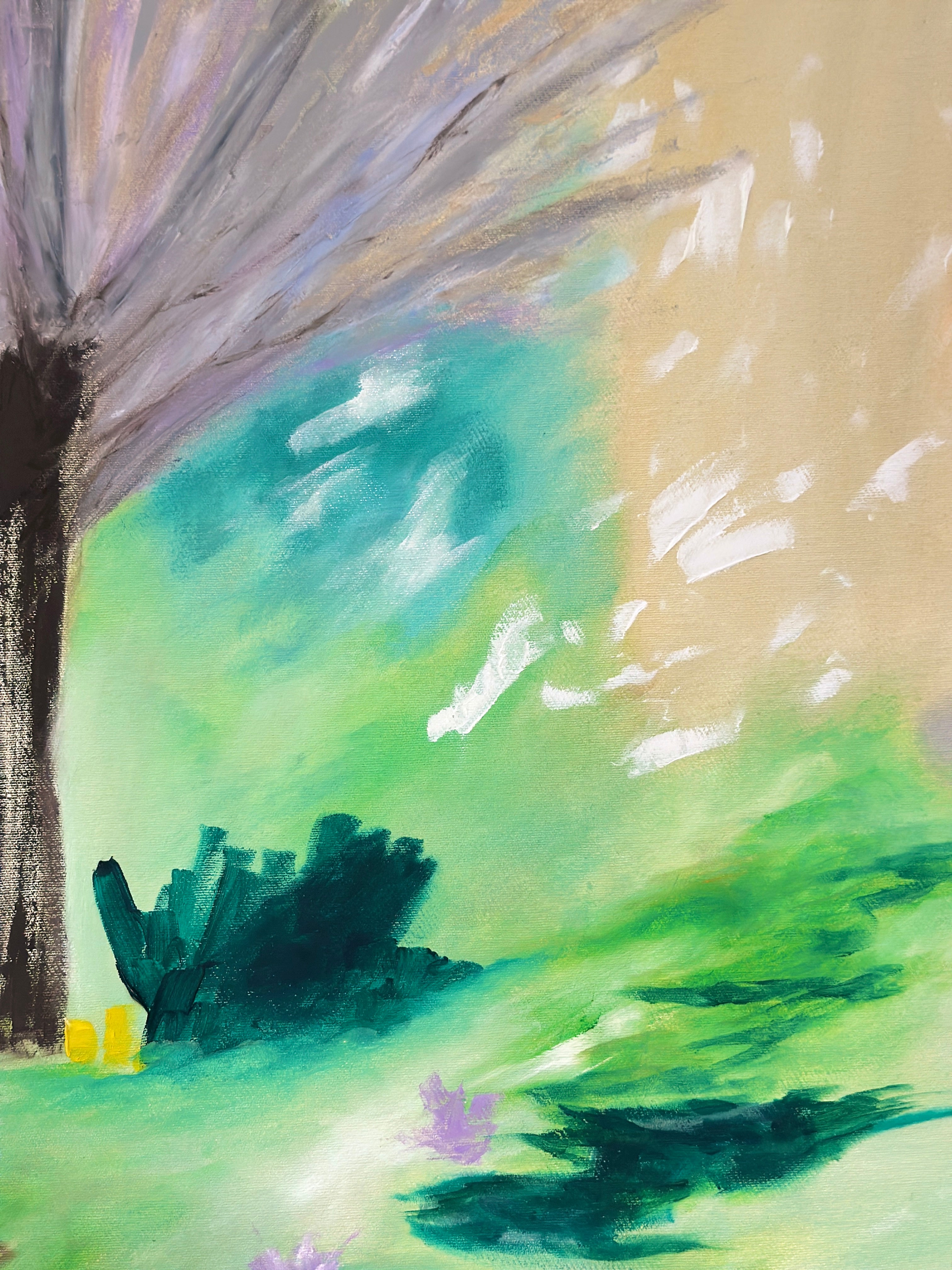 Artistic depiction of a tree and landscape with green and brown tones.