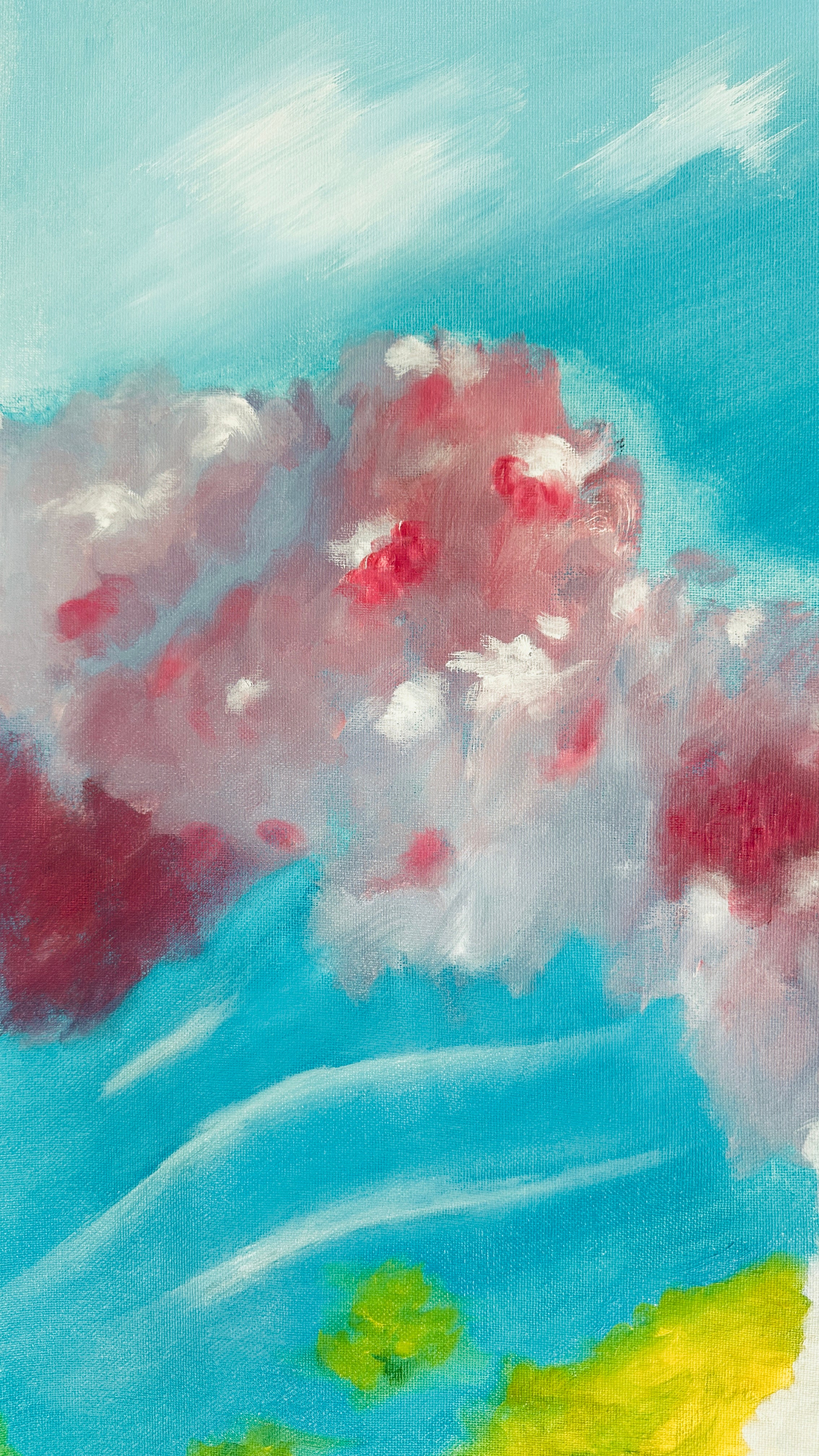 Abstract art with red, white, and blue colours on a textured surface, impression of blossoms 
