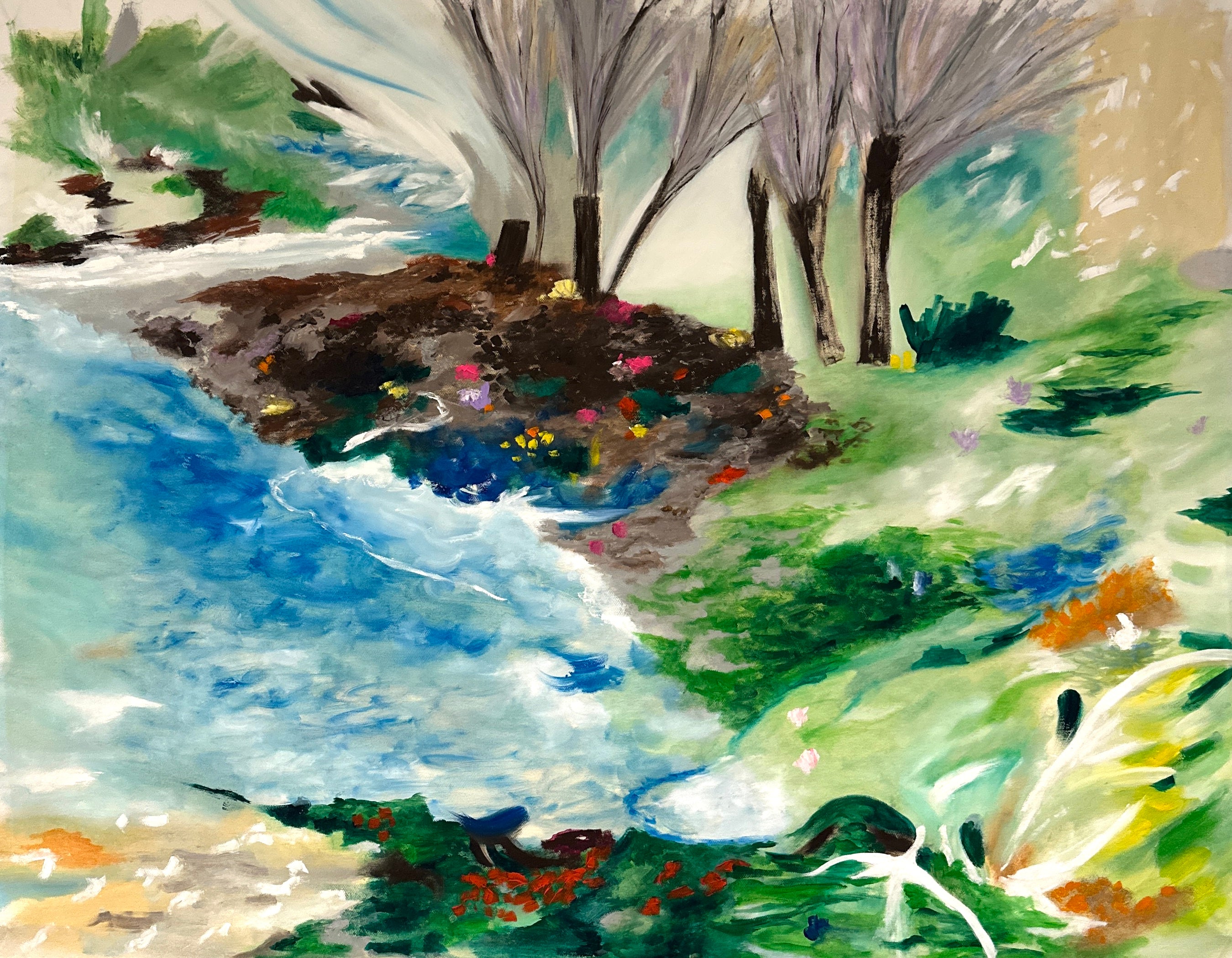 Artistic depiction of a stream flowing through a forest with trees and foliage.